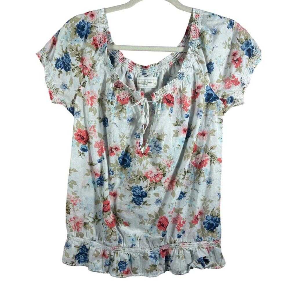 Vintage Y2K Abercrombie & Fitch Womens L Sheer Floral Peasant Top Cottagecore